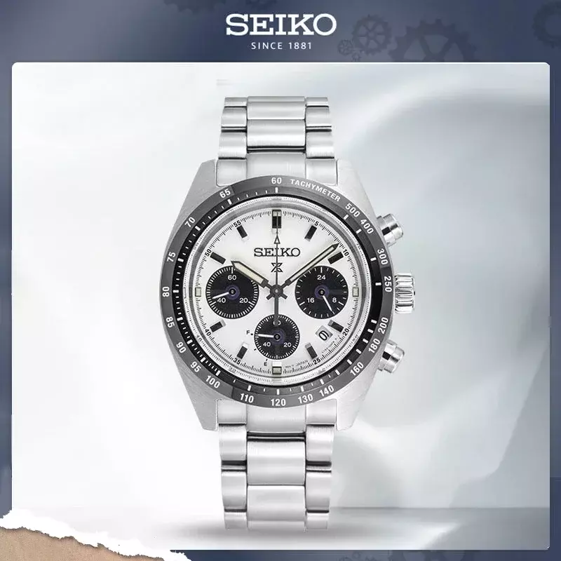 Men's Solar Backlit Relógio de luxo, Seiko Panda Quartz, Timing Calendar, impermeável, aço inoxidável, SSC813P1