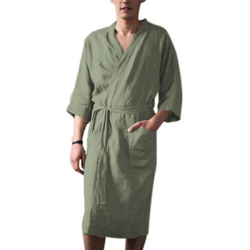 Gaun malam bertali pria, jubah mandi kardigan berenda dengan lengan tiga perempat kantong lembut menyerap Super untuk pria