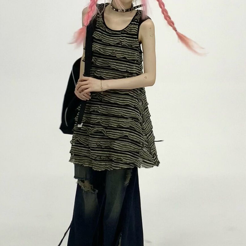 HOUZHOU Vintage Striped Dresses Woman Y2k Aesthetic Japanese 2000s Style Short Dress Streetwear Ruffled Mini Harajuku Dresses