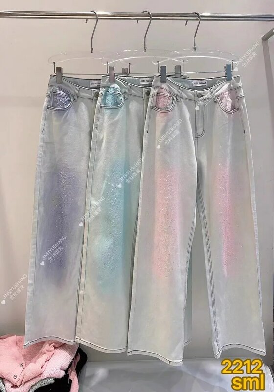 2024 wiosenne letnie dżinsy z wysokim wyszczuplająca talia w kolorze Tie-Dye z prostymi nogawkami spodnie z szerokimi nogawkami z różowymi spodniami damskimi