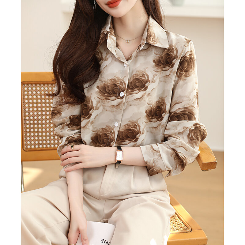 Kobiety Wiosna Koreański Vintage Luźny nadruk Polo-Neck Koszule z długim rękawem Odzież damska Casual Office Lady All-match Trend Tops