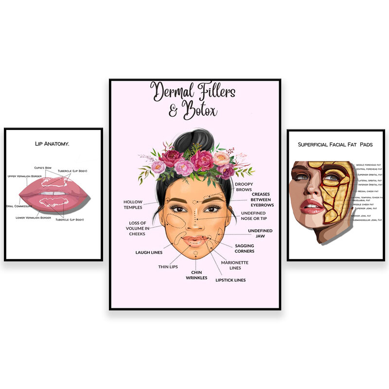 Anatomía de labios, almohadillas de grasa superficial, diagrama facial para rellenos dérmicos y botox, regalo de cirujano plástico, póster de terapia cosmética