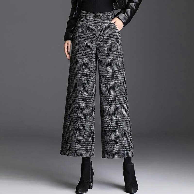 Pantalon large en laine à rayures vintage pour femmes, pantalon taille haute décontracté, baggy élastique, automne, hiver, grande taille fjPlus