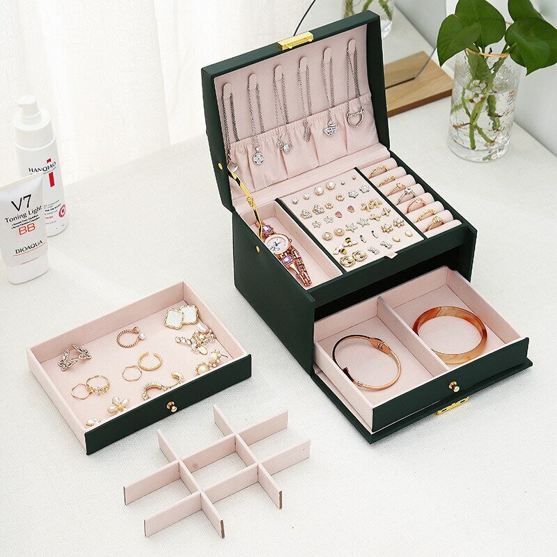 Kotak perhiasan, Multi fungsi, tiga lapis kulit, gaya laci, kotak perhiasan, anting-anting, kotak perhiasan kunci