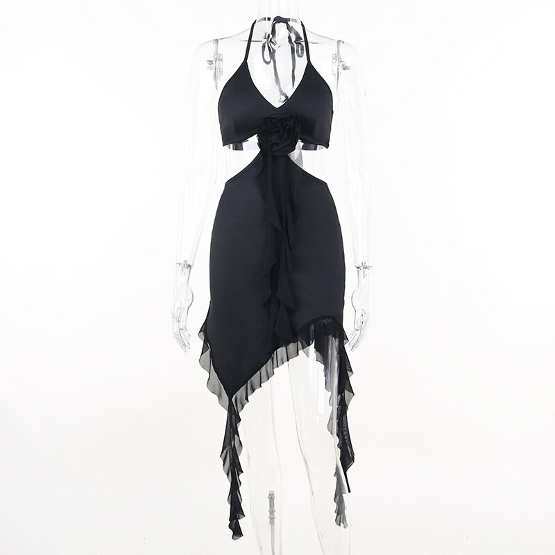 Robe de Rhà volants pour femmes, fleur 3D, mini robe de soirée sexy, licou, fibre chaude, jupe de plage 03