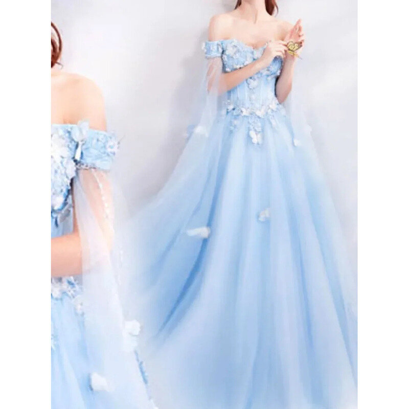 Vestido de fiesta azul para mujer, vestido de noche con hombros descubiertos nupcial, Formal, elegante, para banquete y fiesta