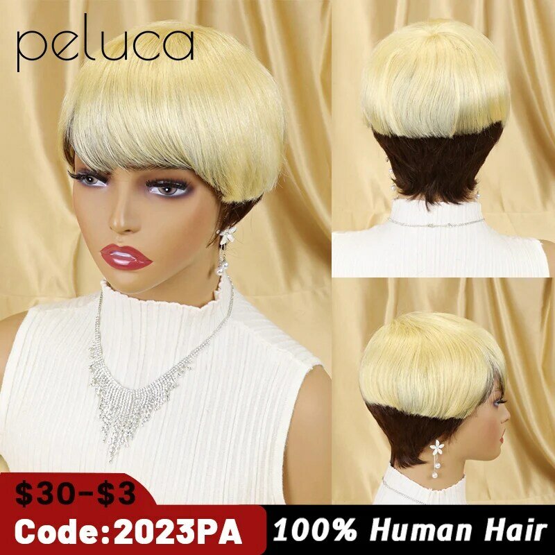 Cheap Short Wigs Human Hair Brazilian Remy Hair Glueless Full Machine Made 150% Density Pixie Cut Colored Wigs For Women