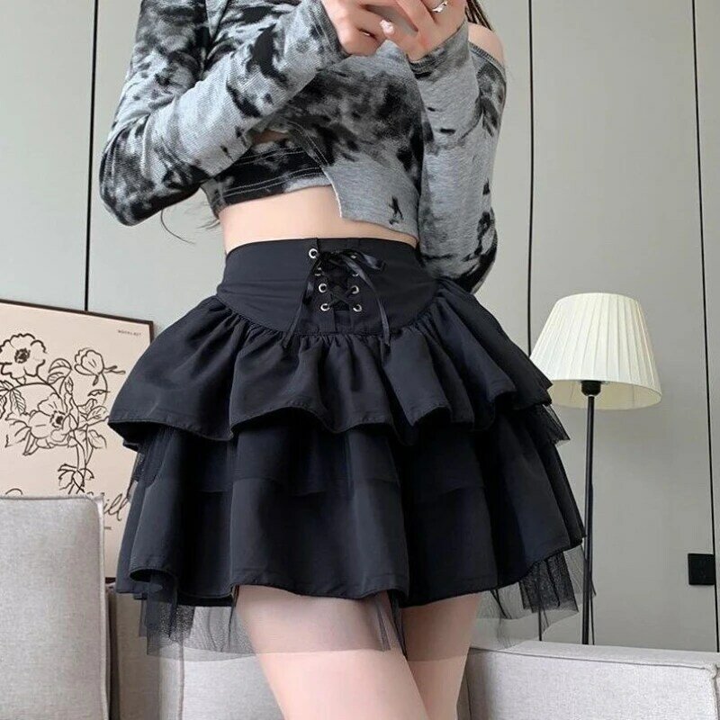 Deeptown Ruffle Tulle Elegant Short Skirt Women Black Sweet Lace-up Mini Skirts Sexy Casual Summer Layered Patchwork Solid Skirt