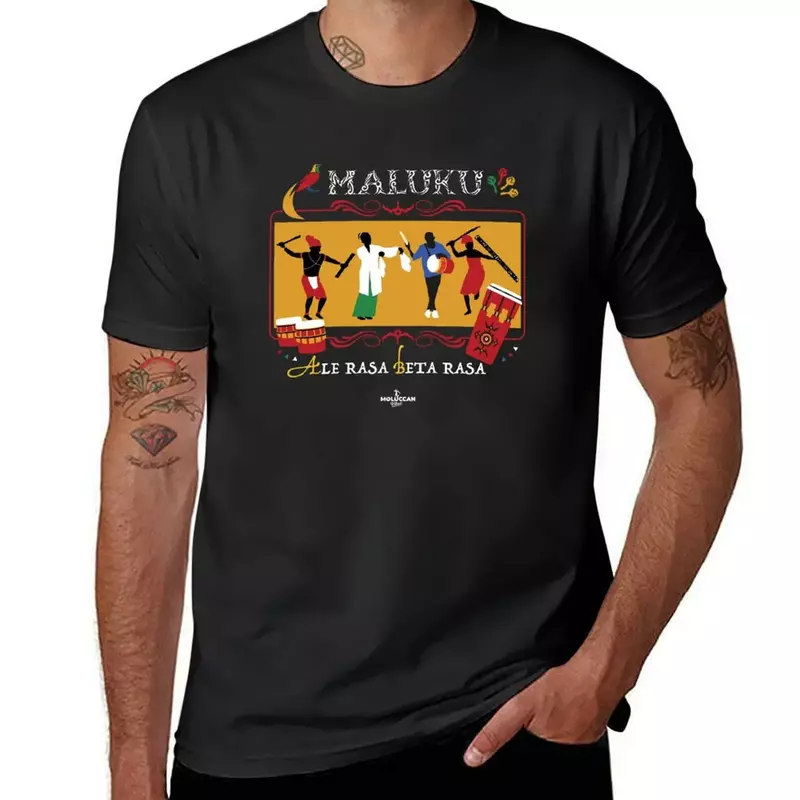T-shirt en coton pour homme, imprimé animal, danse et tambour, art de la culture Moluccan, sublime