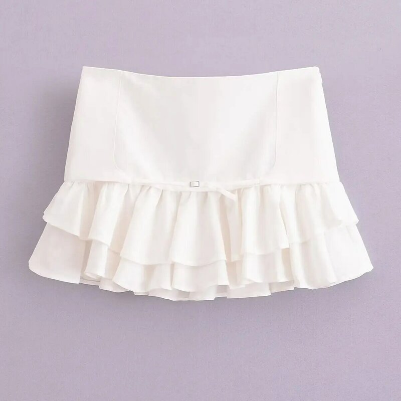 Mini-saia feminina chique de renda plissada, decoração em camadas, fino, vintage, cintura alta, zíper lateral, nova moda