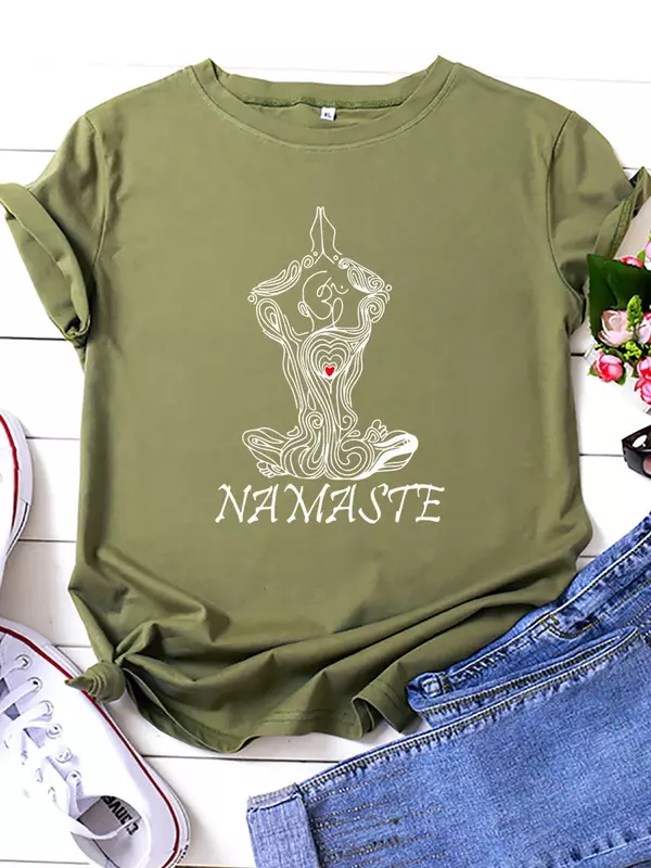 Женская футболка с принтом NAMASTE Yoga, Женская свободная футболка с коротким рукавом и круглым вырезом, летняя женская футболка, Топы, женские футболки