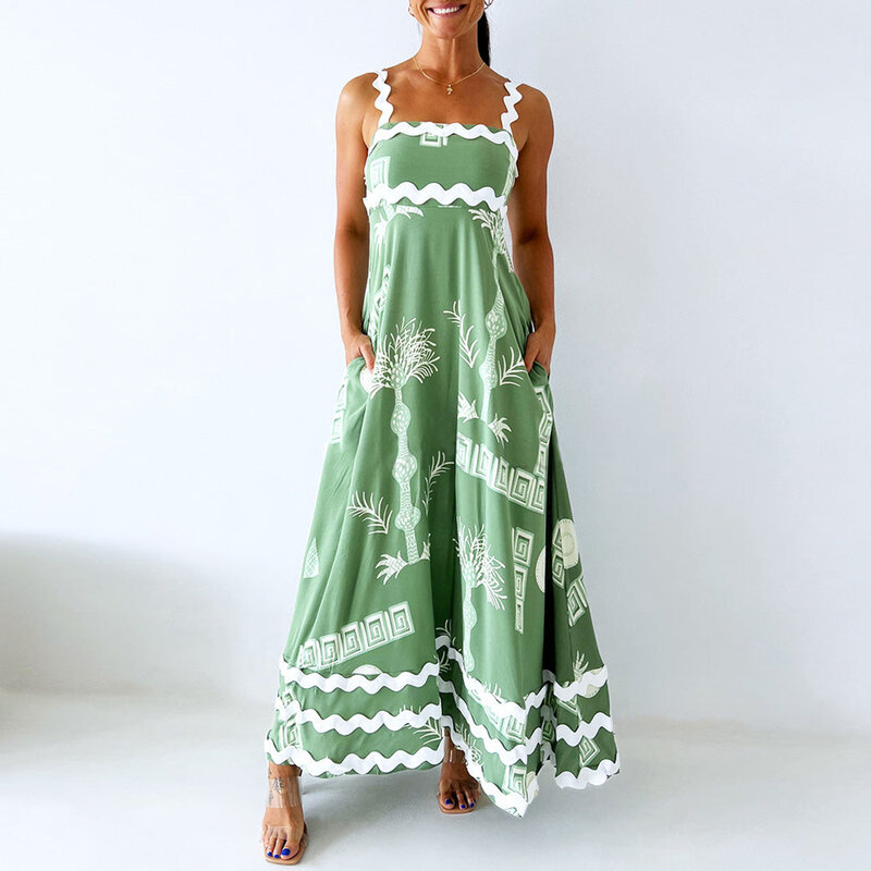 Damen Sommer langes Cami Kleid Grafik druck ärmelloses rücken freies A-Linien-Kleid mit Taschen