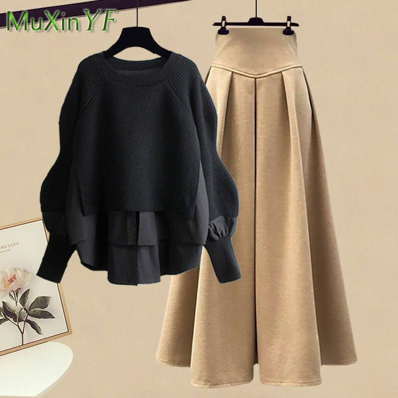 2023 autunno/inverno nuovo coreano elegante giuntura falso due pezzi maglione lavorato a maglia vestito abbinato Set gonna Pullover Chic da donna Set