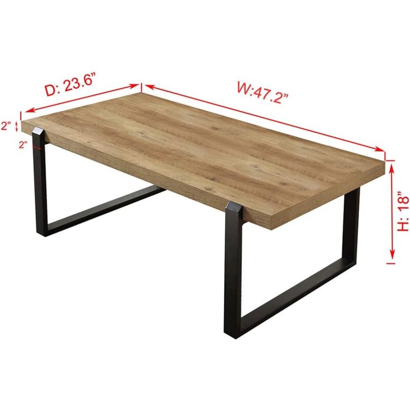 Modern Coffee Table Wood 47 Inch Oak Wood and Metal Industrial Cocktail Table for Living Room Salon Furniture Nightstands Tables