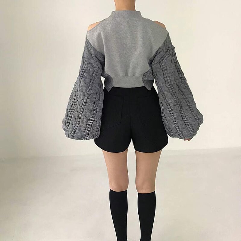 Suéter de manga lanterna vintage feminino, sexy oco fora tops, ombro fora, com capuz de malha costurado, moda chique coreana, outono