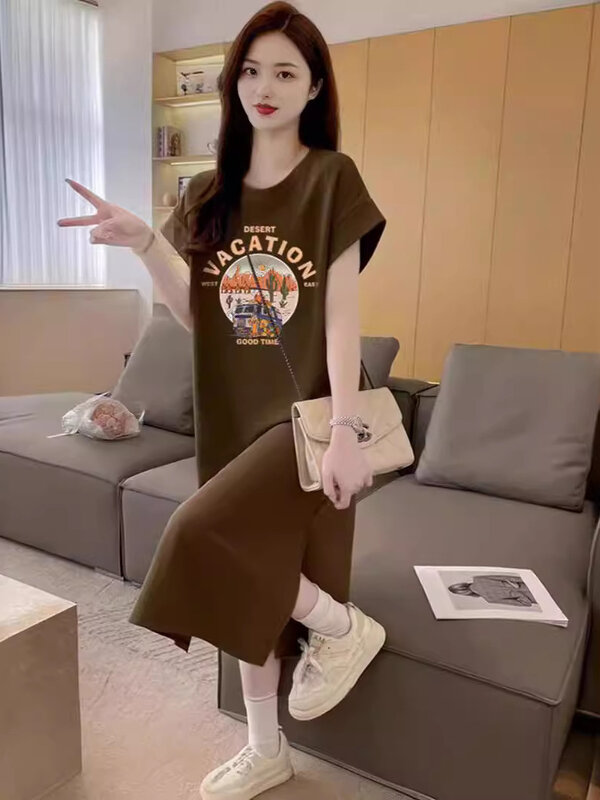 T-shirt z krótkim rękawem sukienka dla kobiet letnia koreańska wersja średniej długości do kolan długa sukienka w stylu casual oversize M5H9