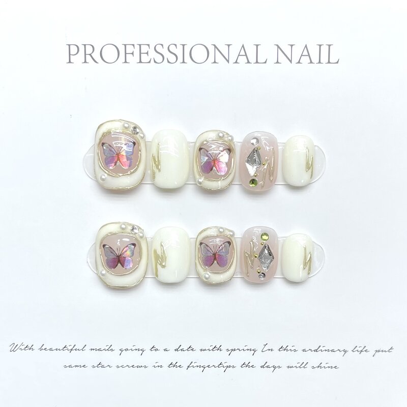 Baroque Butterfly Handmade Nails Press on Full Cover Manicuree Gold Frame False Nails Wearable Artificial With Tool Kit