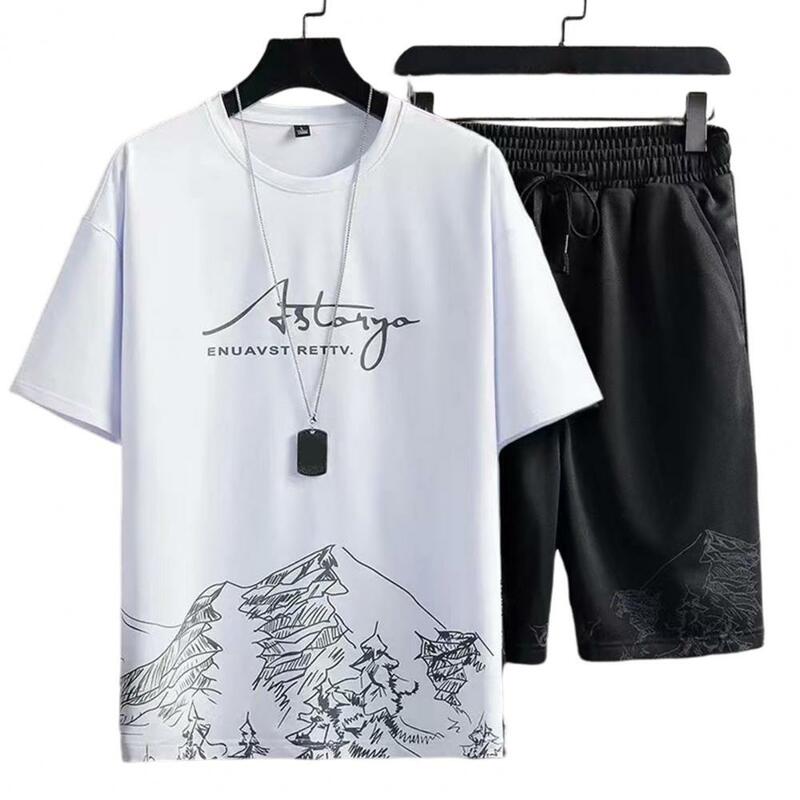 Conjunto de ropa de verano para hombre, Camiseta con cuello redondo, pantalones cortos con cordón en la cintura, bolsillos, 2024