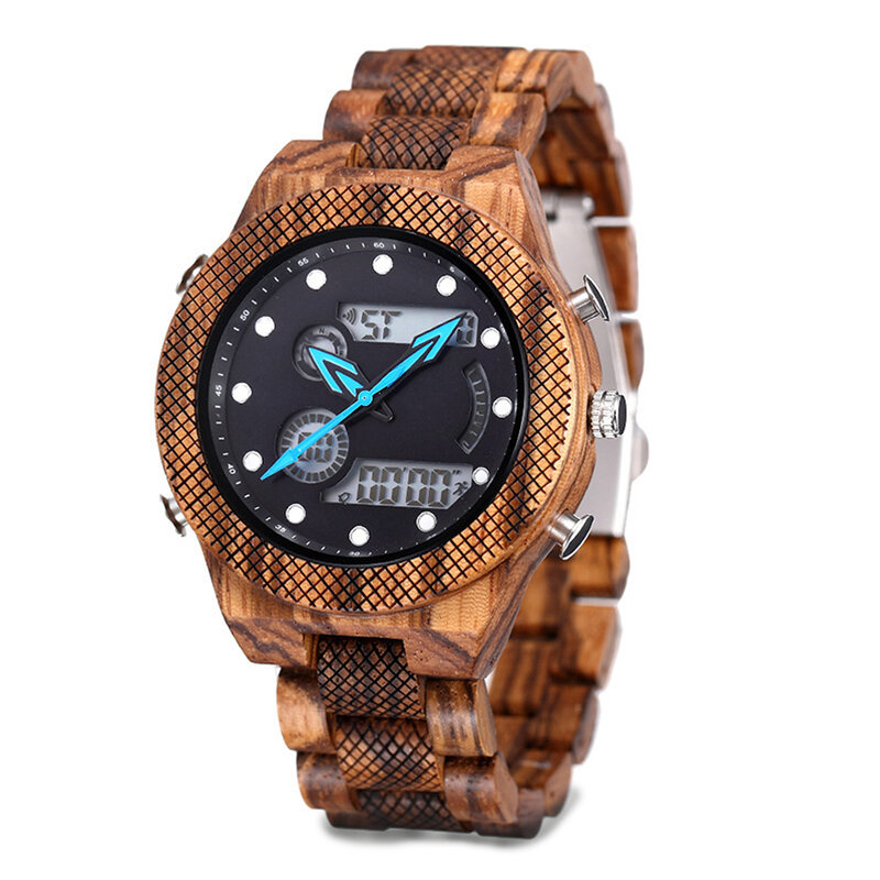FANDAO-Montre en bois pour hommes, marque de luxe, sport, LED numérique, quartz, militaire, bracelet