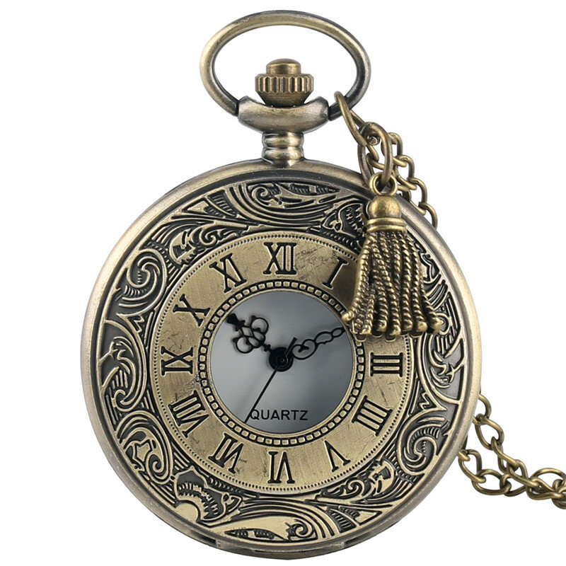 Bronze relógio de bolso com pingente borlas design, Hollow Out Número Roman Cover, Quartz Cadeia Colar Movimento, Presente Antigo