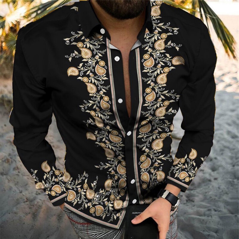 High Quality Men Print Button Down Muscle Fitness Shirts Baroque Long Sleeve Party T Dress Up Casual Lapel Long Sleeves T-shirt