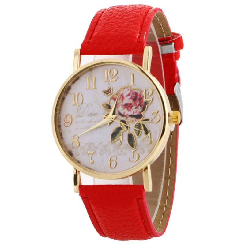 Quartzo do falso couro banda relógio de pulso feminino, árabe flor rosa, mostrador redondo, número