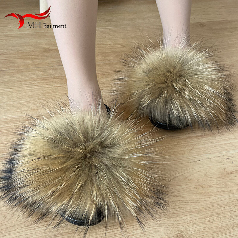 Real Raccoon Fur Slippers For Women 2023 Summer Fluffy Indoor House Fuzzy Flat Slides Outdoor Fashion Beach Sandals Flip Flops