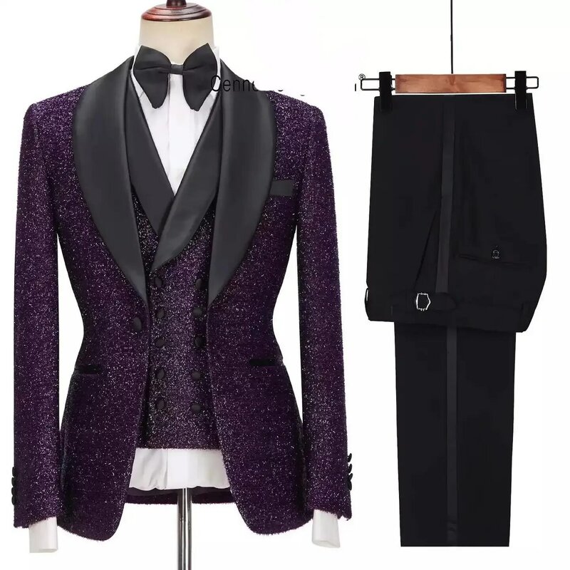 Conjunto de trajes de 3 piezas con purpurina para hombre, Blazer + chaleco + Pantalones, esmoquin de boda para novio de pasarela de lujo, abrigo de botonadura única, chaqueta hecha a medida