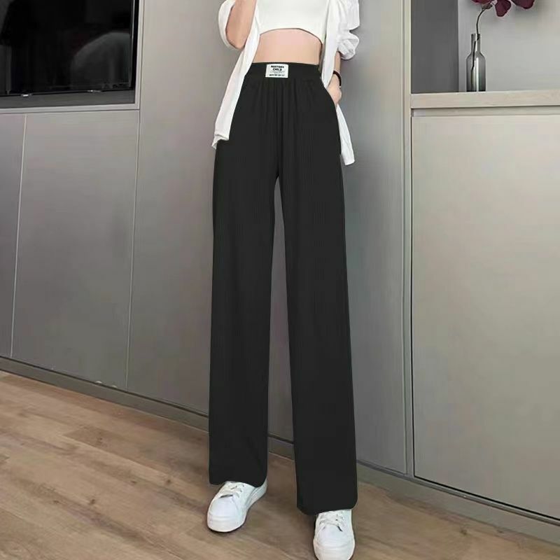 Summer Women Thin Fashion Korean Loose Casual Wide Leg Pants New Solid High Waist Ice Silk Pockets Slimming Straight Trousers