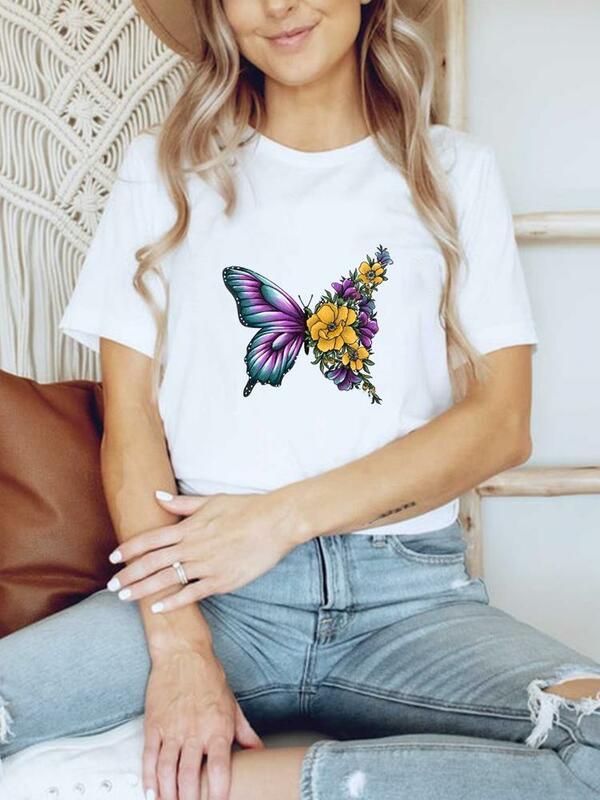 Roupas básicas t camisa de impressão de roupas femininas flor borboleta tendência manga curta verão topo moda gráfico camiseta