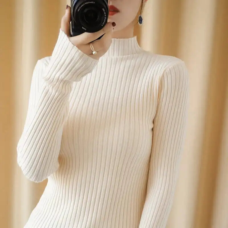 2023 Herfst Winter Jersey Mujer Trui Koreaanse Nieuwe Coltrui Effen Kleur Lange Mouw Truien Gebreide Pullover Slanke Pull Femme