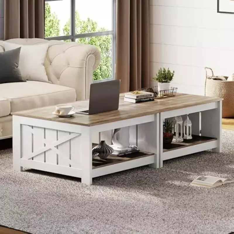 Square Living Room Table for Living Meeting Room Set of 2 Coffee Table Set With Storage Furniture Grey Wash Tables Center Salon