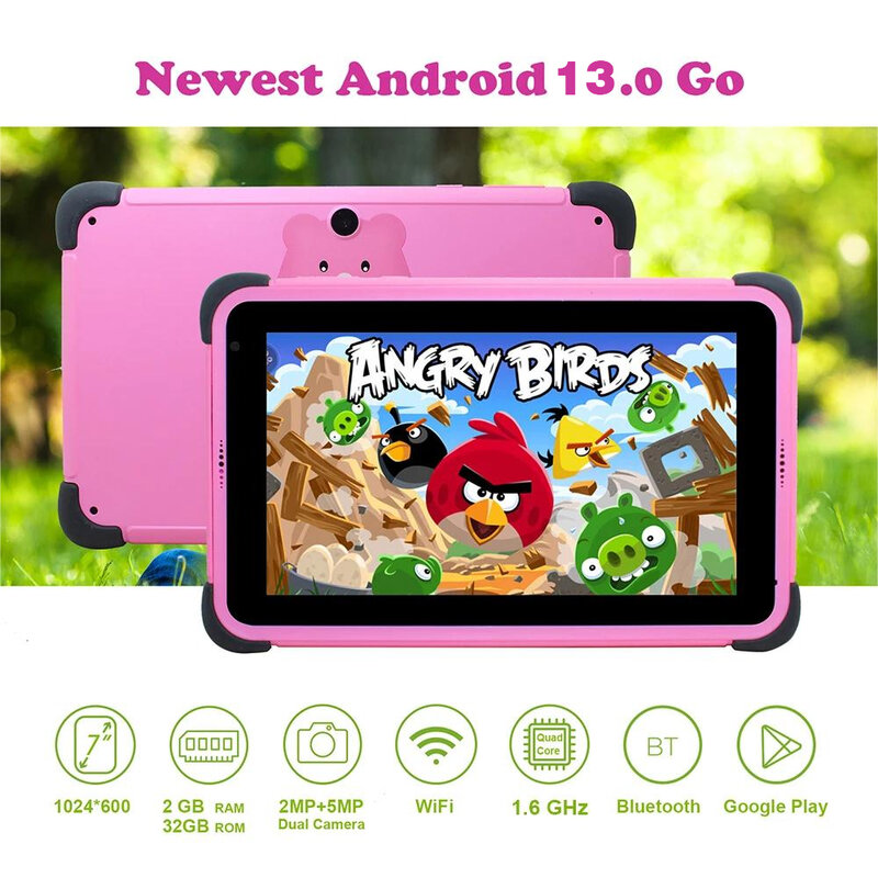 Weelikeit-7 인치 어린이 태블릿 안드로이드 13 1024x600 HD 쿼드 코어 듀얼 와이파이 2GB 32GB, 어린이 태블릿, 홀더 포함, 아동용