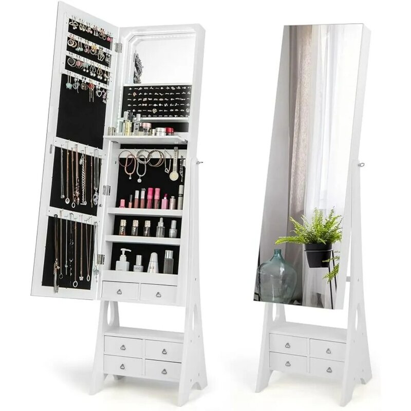 Mirror Cabinet with LED Light Strip,62.5''High Full Length,Foldable Makeup Shelf,Organizer Storage 6Drawers White Vanity Mirrors