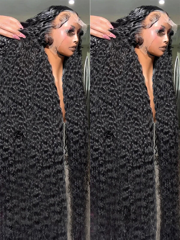 Peruca de cabelo humano encaracolado onda profunda para mulheres, transparente, HD lace frontal, onda de água, 360, 13x4, 13x6, 40"