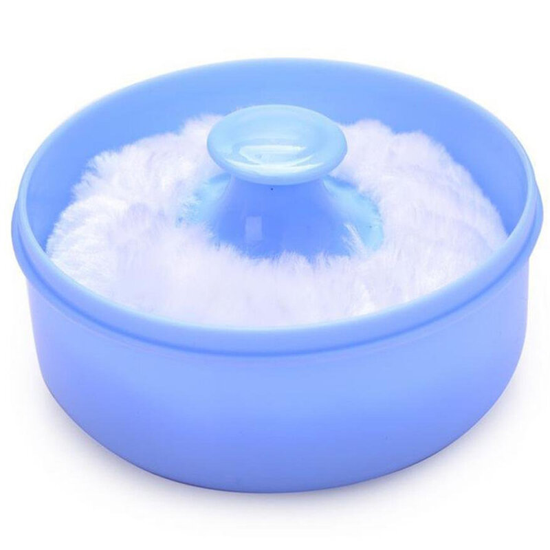 아기 부드러운 얼굴 바디 화장품 파우더 퍼프 스폰지 박스 케이스 용기 (파란색)