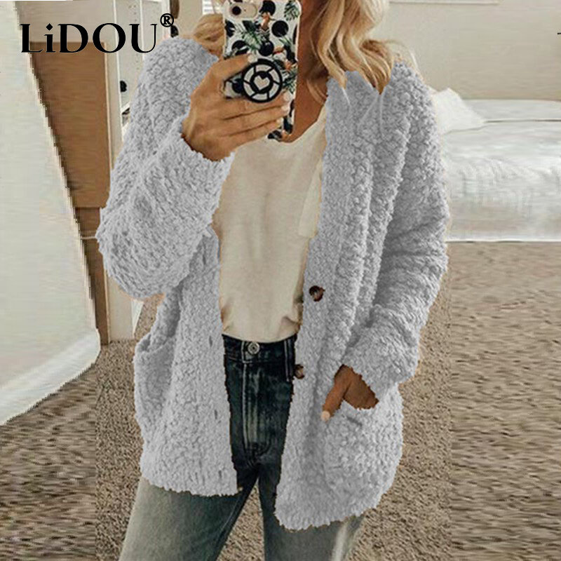 Autumn Winter Women's Oversized Casual Fashion Coat Ladies Solid Color Cardigan Outwear Femme Loose All-match Buttons Jacket Top