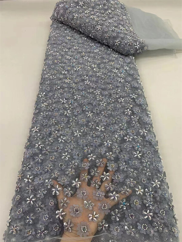 Luxus Französisch Perlen Tüll Spitze Stoff Mode Feder schwanz afrikanische Netz Spitze Stoffe mit Pailletten für Abend Material grau