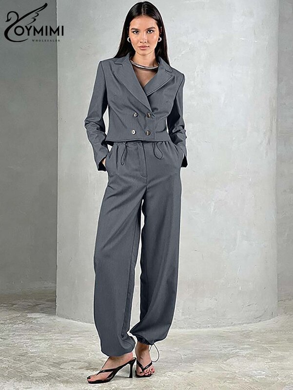 Yomimi-女性用2ピース衣装セット、長袖、ダブルブレストシャツ、ハイウエスト足首丈パンツ、グレーファッション