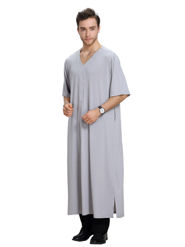 Maroko męskie jednokolorowe szaty w stylu saudyjskim Jubba Thobe Man Vintage krótki rękaw dekolt w szpic muzułmański islamska odzież z dubaju arabski