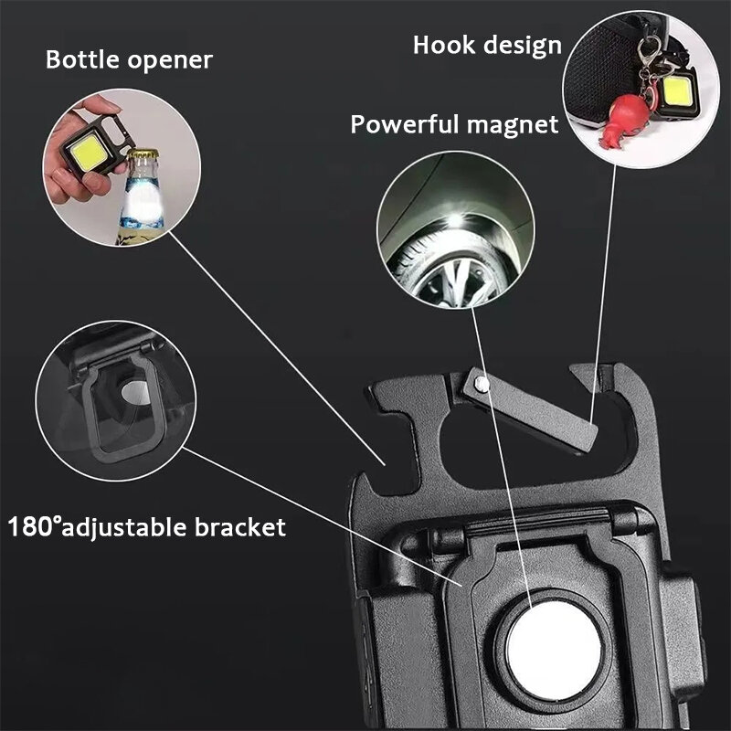 Senter Mini Dapat Diisi Ulang Silau COB Gantungan Kunci Cahaya USB Pengisian Lampu Darurat LED Lampu Kerja Portabel Luar Ruangan Lampu Berkemah