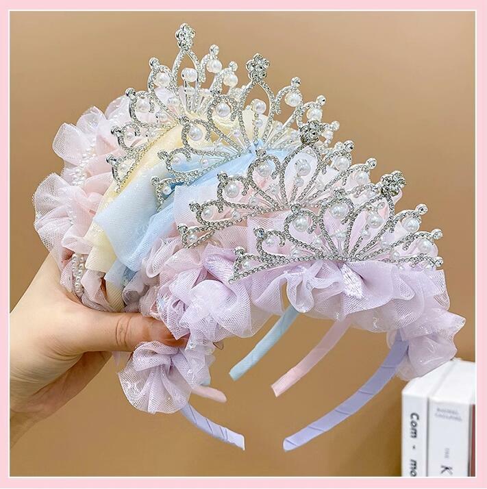 Bandeau de cheveux en dentelle pour enfants, couronne de princesse mignonne, nœud papillon, perle de diamant brillant, accessoire de coiffure, bleu, violet, rose, sauna