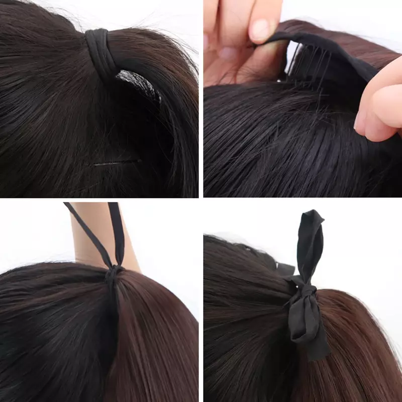 AICKER 16" Synthetic Drawstring Wrap Around Ponytail Hair Extensions Black Brown Straight Fake Pony Tail Extension