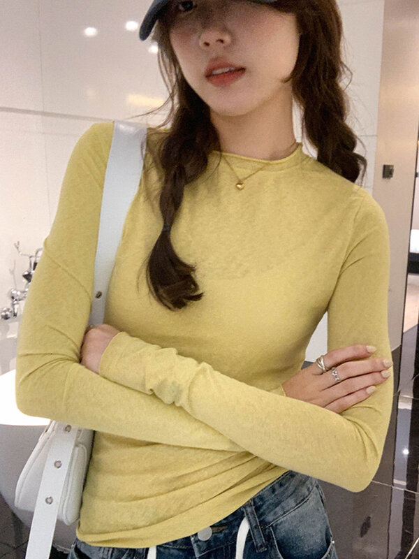 여성용 긴팔 O넥 티셔츠, 단색 슬림핏, 캐주얼 스트리트웨어, 하이 퀄리티 베이스 티, 2024 용수철 가을