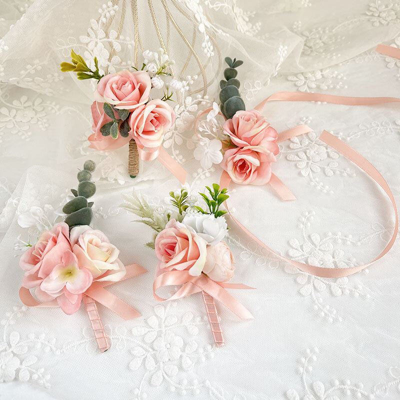 Men Wedding Boutonniere Wrist Corsage Bracelets For Bridesmaids Champagne Pink Buttonhole Party Accessories Artificial Flowers