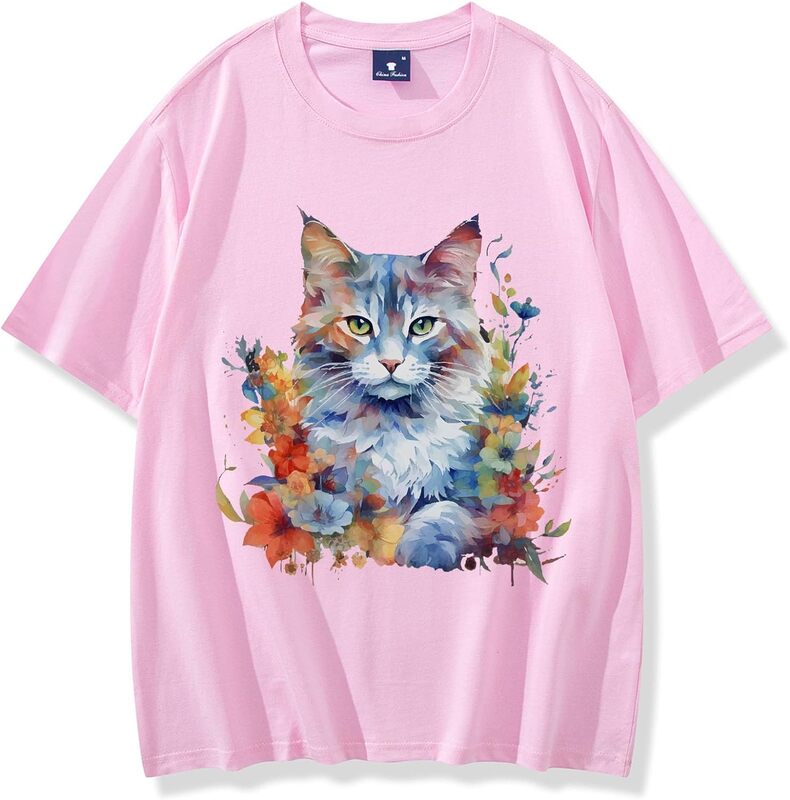 تي شيرت نسائي برسومات زهور ، قميص قطة ، هدية للعشاق ، قمصان مضحكة