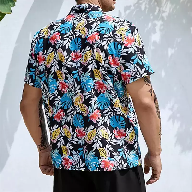 Camisa havaiana de manga curta masculina, estampado flores de praia, top de botão de lapela, camisa plus size, nova moda, 2023