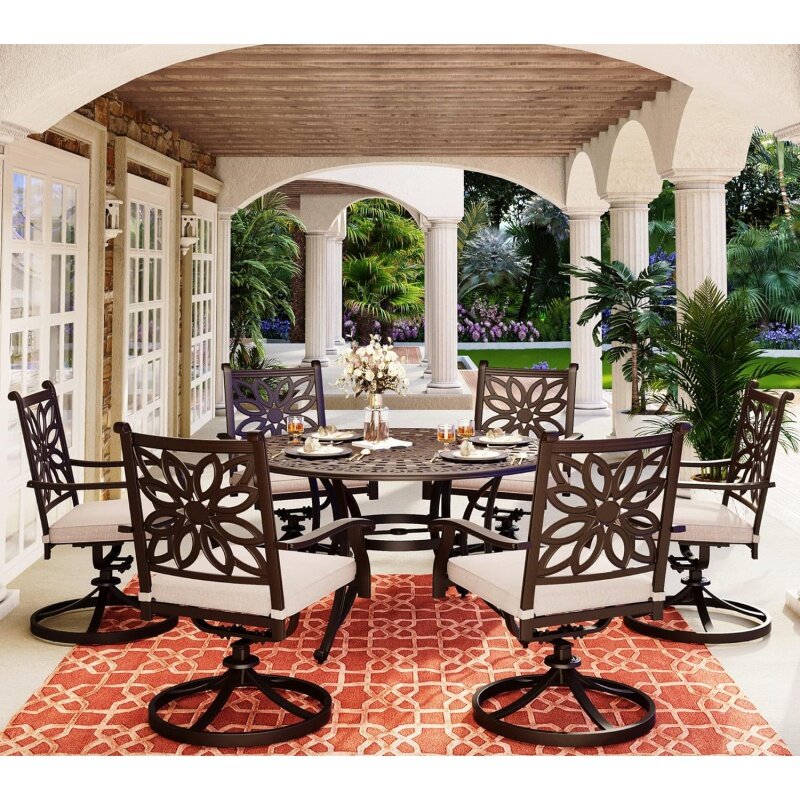 MFSTUDIO Cast Aluminum 54" Round Patio Dining Table with Retro Design Pattern, Outdoor Table for 4-6, Brown