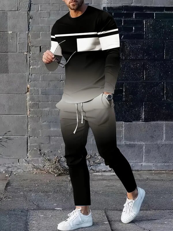 Весенний спортивный костюм, Мужская футболка с длинным рукавом и свитшот, Мужская Уличная одежда, винтажный свитшот, комплект одежды большого размера из 2 предметов, 2024