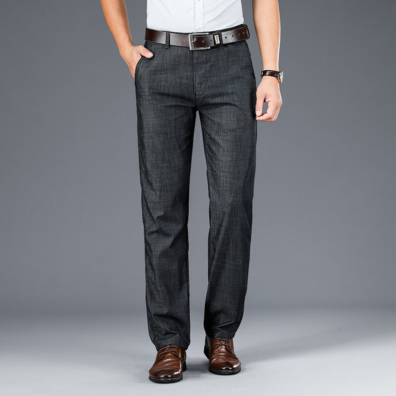 Celana panjang jins tipis untuk pria, celana panjang bisnis modis musim panas kasual elastis longgar untuk pria
